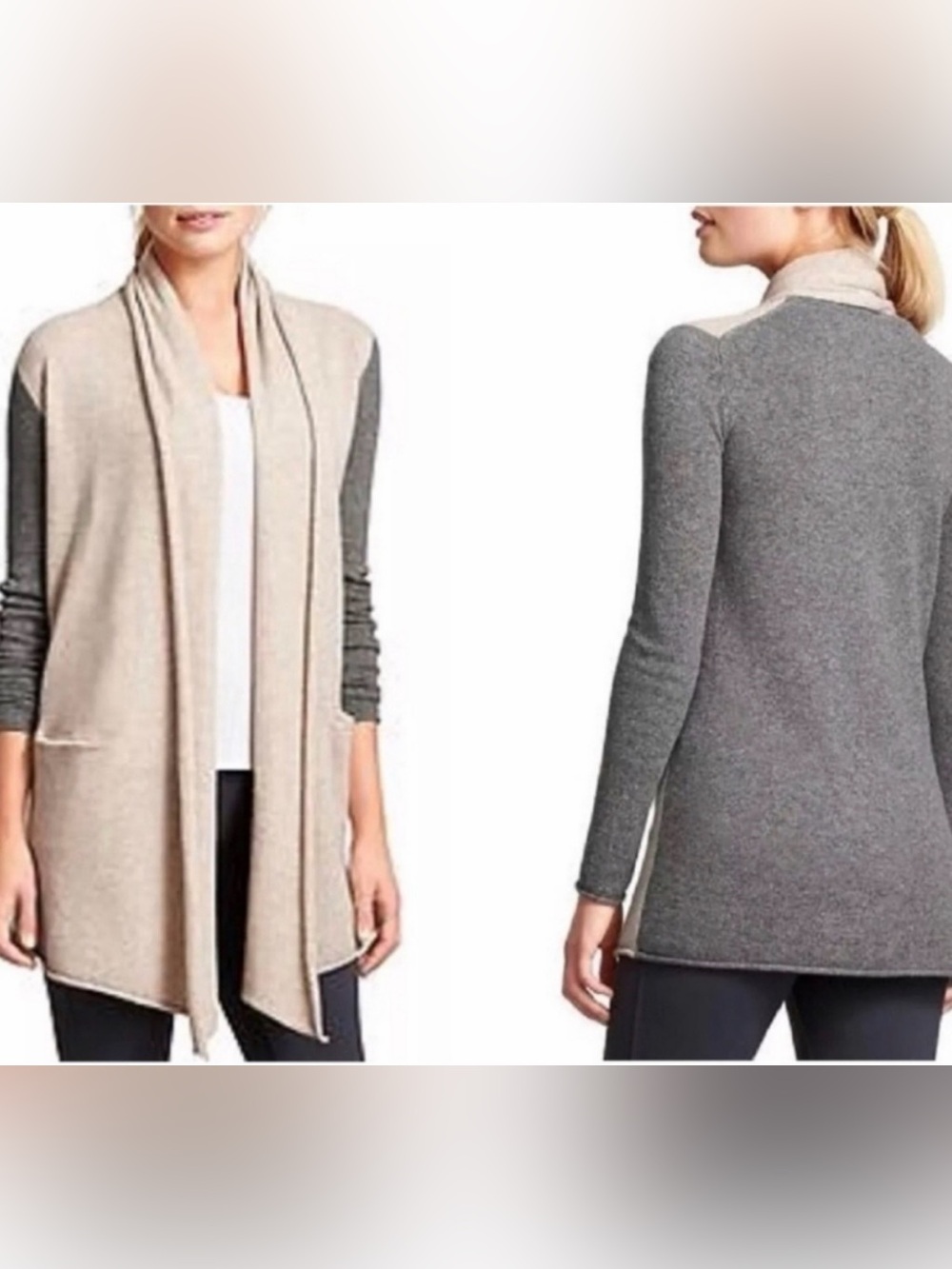 Athleta Cashmere Block Color Grey and Oatmeal Cardigan Womens Size Small